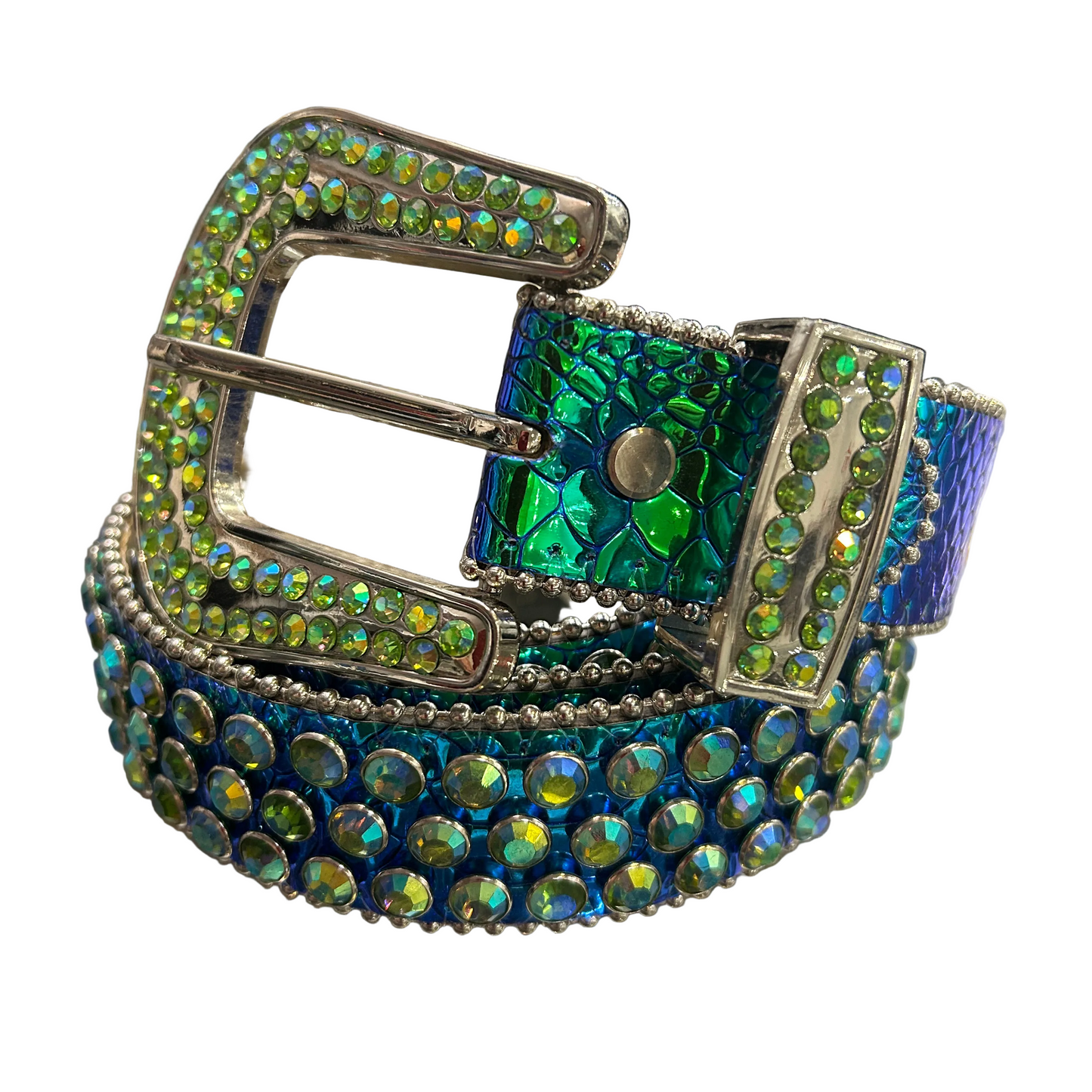 PREMIUM WEAR-Blue and Green Metallic Croc-Embossed Rhinestone Belt