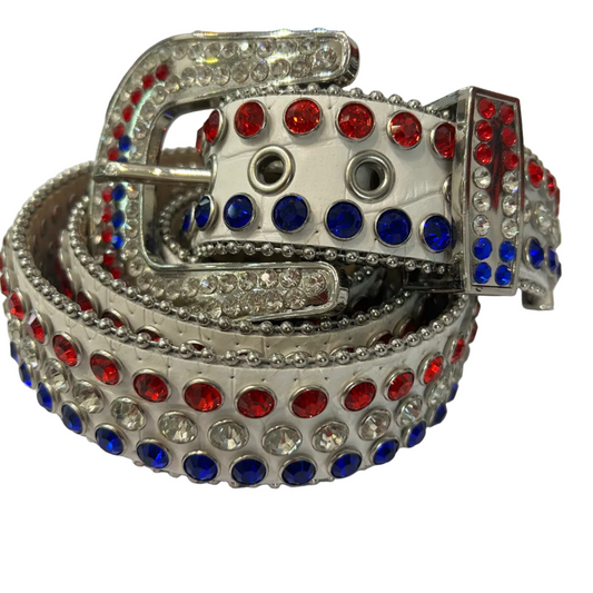 PREMIUM WEAR-White Croc-Embossed Red/Blue Crystal Bling Belt