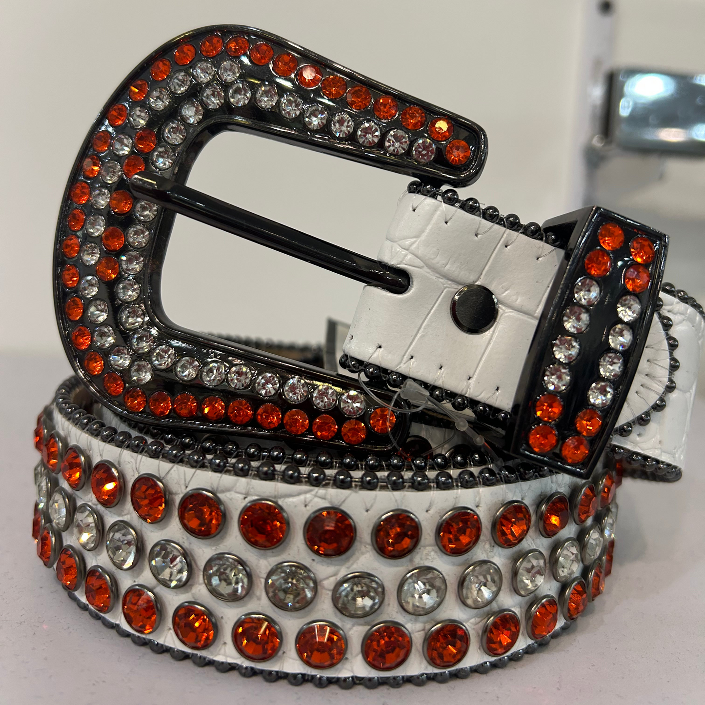PREMIUM WEAR-Rhinestone Studded Buckle Belt – White & Orange