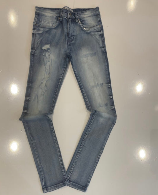 DZTR Mid Blue Bleached Ripped Skinny Jeans