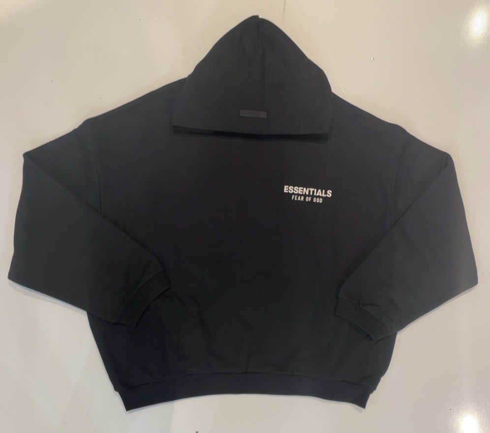 Essentials Black Cropped Hoodie White Logo