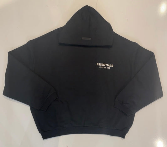 Essentials Black Cropped Hoodie White Logo