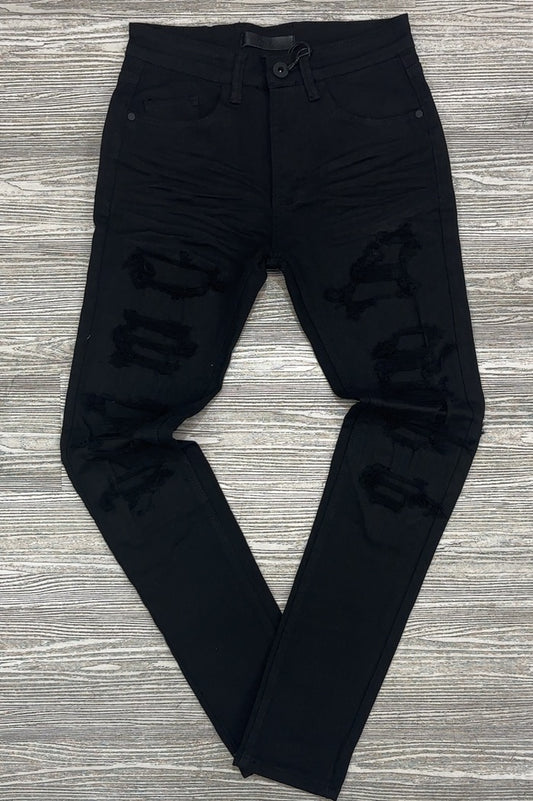 KDNK- patched distress skinny jeans (black)