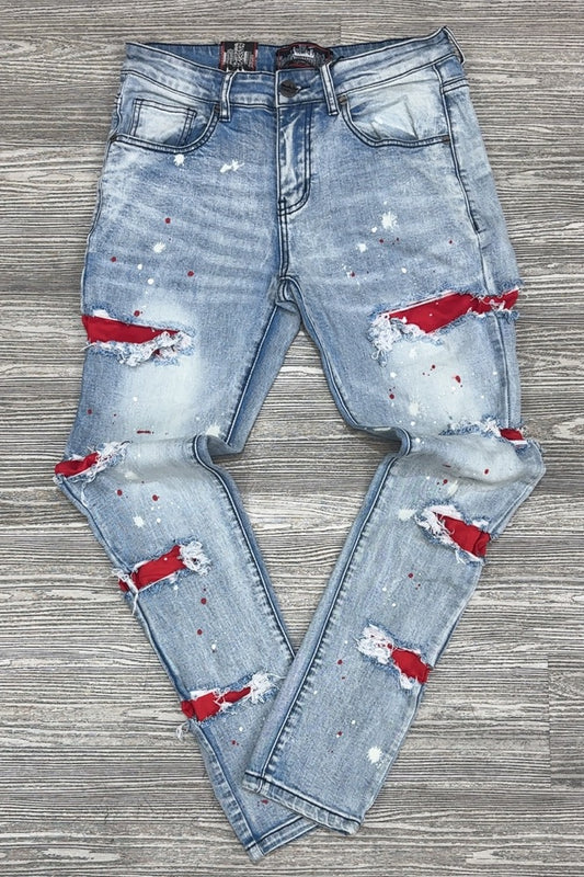 DENIMiCITY- zombie red ripped bleached light blue denim jeans