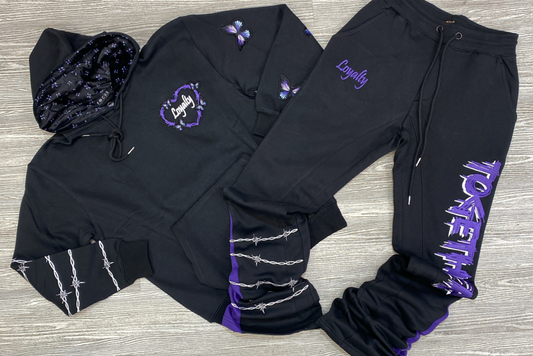 Focus- loyalty stacked sweatsuit (black/purple)