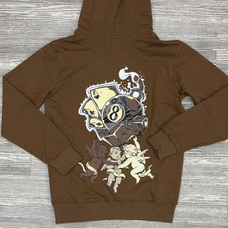 DENIMiCITY- eight ball & games hoodie (brown)